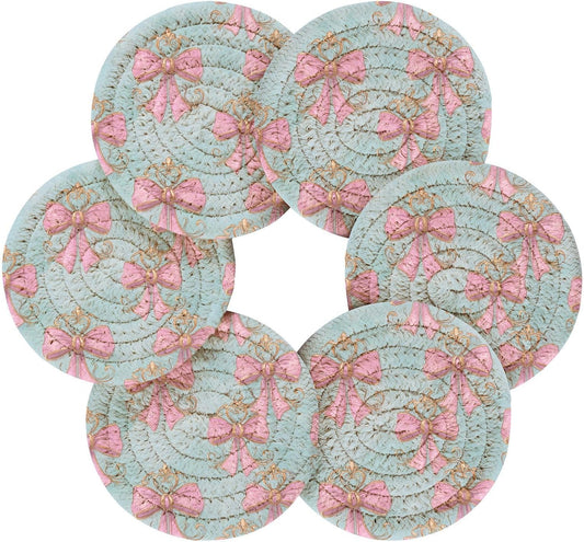 susiyo 6 Pcs Drink Coasters with Holder, Pink Bows on Light Blue Bar Coaster Super Absorbent Heat-Resistant Woven Round Cup Coaster for Coffee Table Home Decor Bar