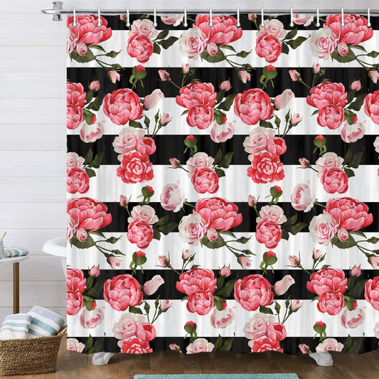 Vintage Floral Shower Curtain,Black and White Striped Bathroom Curtain,Modern Fashion Blooming Pink Rose Flowers Buds Bathtub Accessories Decor with 12 Hooks,69X70 in