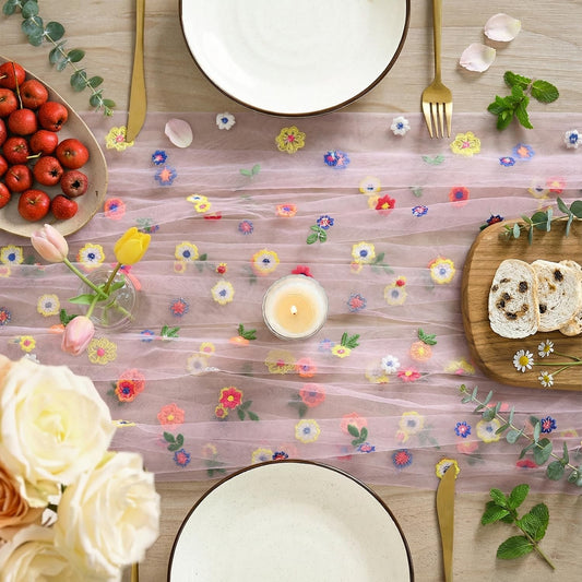 Artoid Mode Light Pink Wildflower Floral Gauze Embroidery Table Runner 120 Inch 10FT, Tulle Seasonal Spring Kitchen Dining Table Decor for Home Party