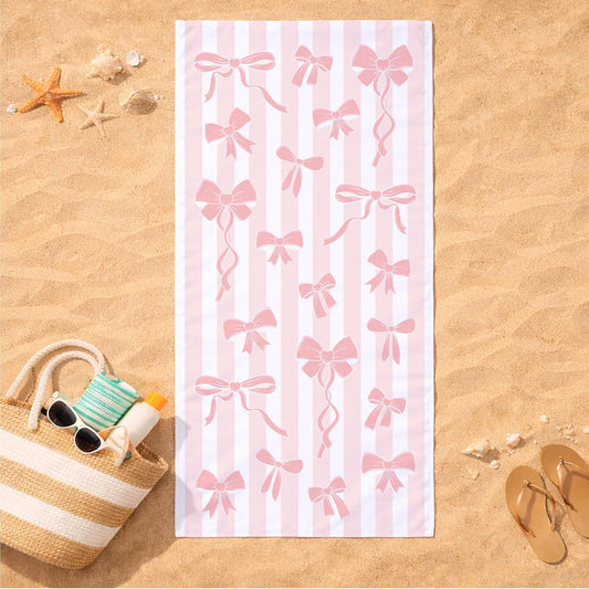 GiftsForYouNow Pink Bow Beach Towel โ Chic Preppy Ribbon Design, Soft Absorbent Oversized Pool & Beach Towel for Girls, Teens & Women