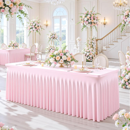 2 Pack Spandex Pink Fitted Table Cloth for 6ft Rectangle Tables Pink Stretch Tablecloth Table Covers Skirt Banquet Tablecloths Wrinkle Free Tablecloth for Parties Wedding