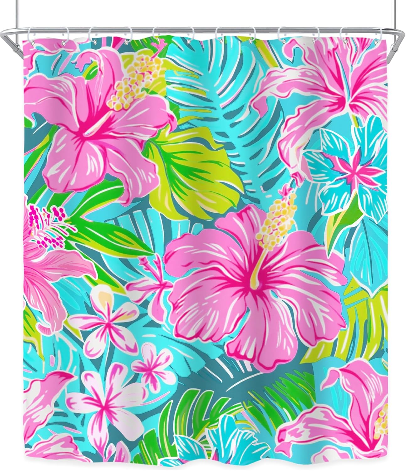 Riyidecor Tropical Hot Pink Floral Shower Curtain for Bathroom Decor 60Wx72H Flowers Green Leaves Palm Leaf Botanical Hibiscus Mostera Art Printed Fabric Polyester Waterproof 12 Pack Plastic Hooks