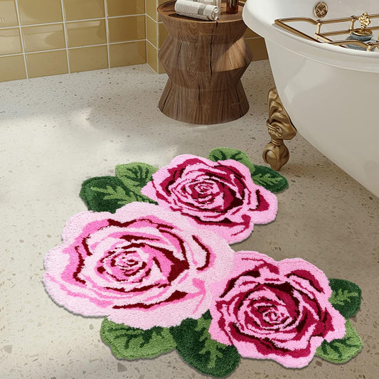 USTIDE Rose Toilet Rug Pink 23.6"X27.5" Shaggy U Shaped Bathroom Rug,Water Absorbent Accent Mat for Bathroom Vanity, Washable Christmas Carpet Decor Bathtub/Shower