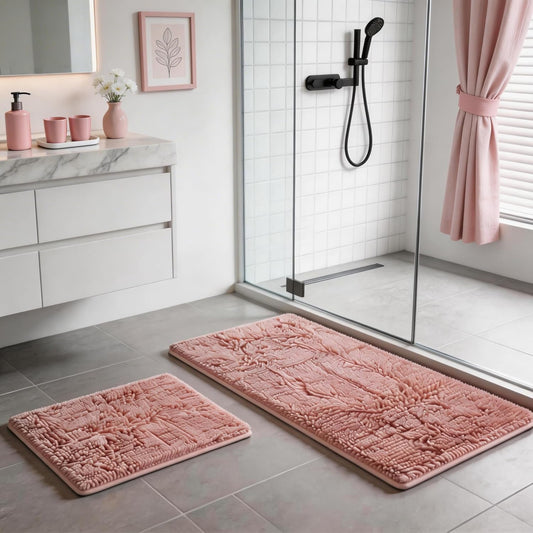 Pink Bathroom Rugs Chenille Bath Mat Set 2-Piece Bath Rugs for Bathroom Extra Soft Bath Mats for Bathoom Non Slip Absorbent Shag Bathoom Carpet