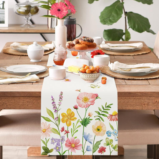 Bonhause Spring Floral Table Runner 13x72 Inch Pink Blue Flowers Green Leaves Butterflies Seasonal Summer Kitchen Dinning Table Decoration for Indoor Outdoor Home Party Decor