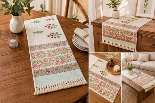 Nacharelist Linen Table Runner for Dining Table | Extra Wide Farmhouse Decorative Runner | Aesthetic Pink Floral Design with Border | Cotton Blend Kitchen & Coffee Table Runner for Indoor Outdoor Use