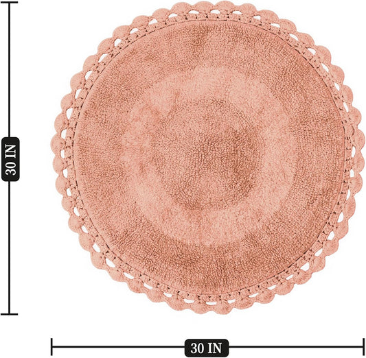 BIEN BEAU Unique Round Boho Bath Mat with Crochet Contour - 100% Cotton Boho Bathroom Rugs -Reversible - Decorative Non-Slip Bohemian Rug for Bath and Bedroom - Cute Decor - Blush Pink 30"