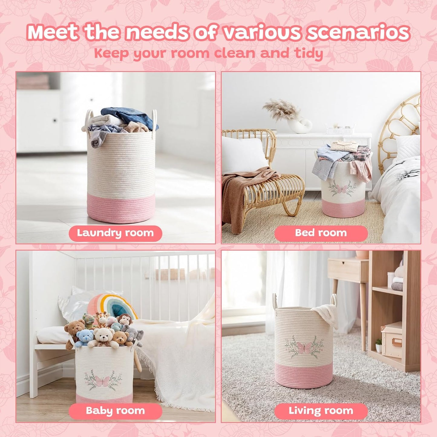 Honeydak Pink Butterfly Laundry Basket Hamper Coquette Laundry Basket Embroidered Cotton Rope Hamper 15 x 17.7 Inches Toy Box Large Coquette Decor Teen Girl Room Storage for Cloth Organization