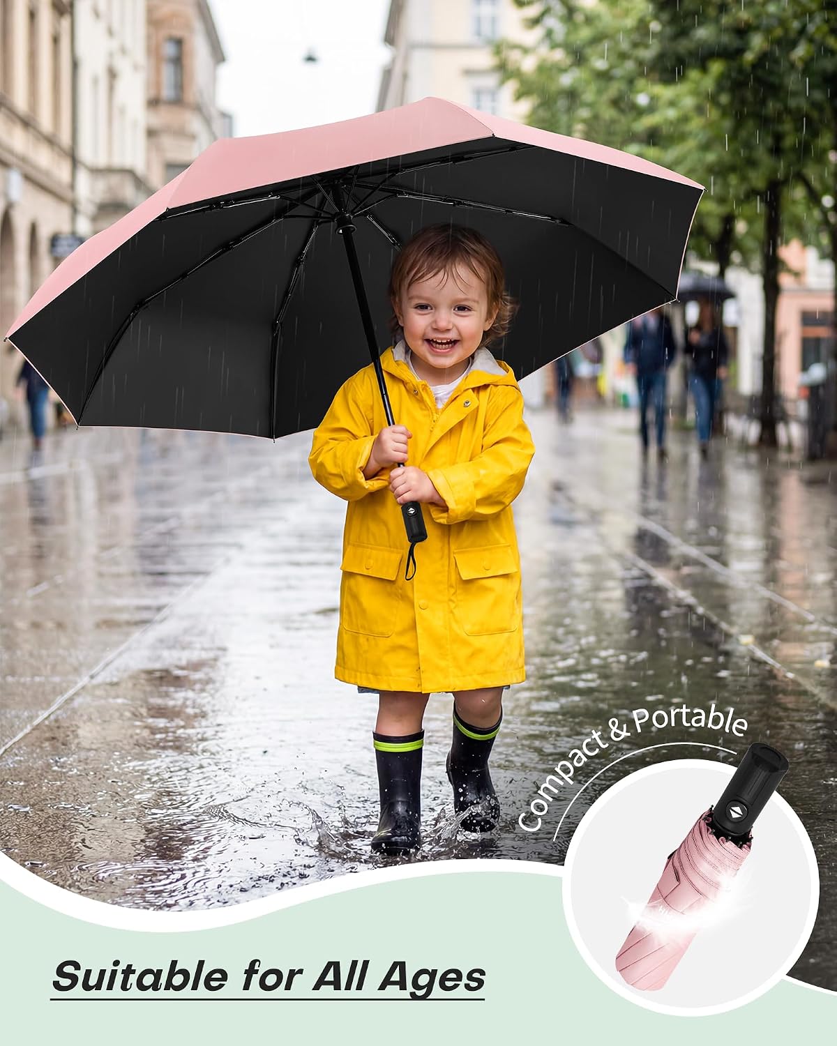 HIPPIH Compact Travel Umbrella for Rain - Windproof Automatic Umbrellas, UV Umbrella for Sun Protection with Black Anti-UV Coating, Portable Small Umbrellas for Backpack, Car, Walking, Kids, Women