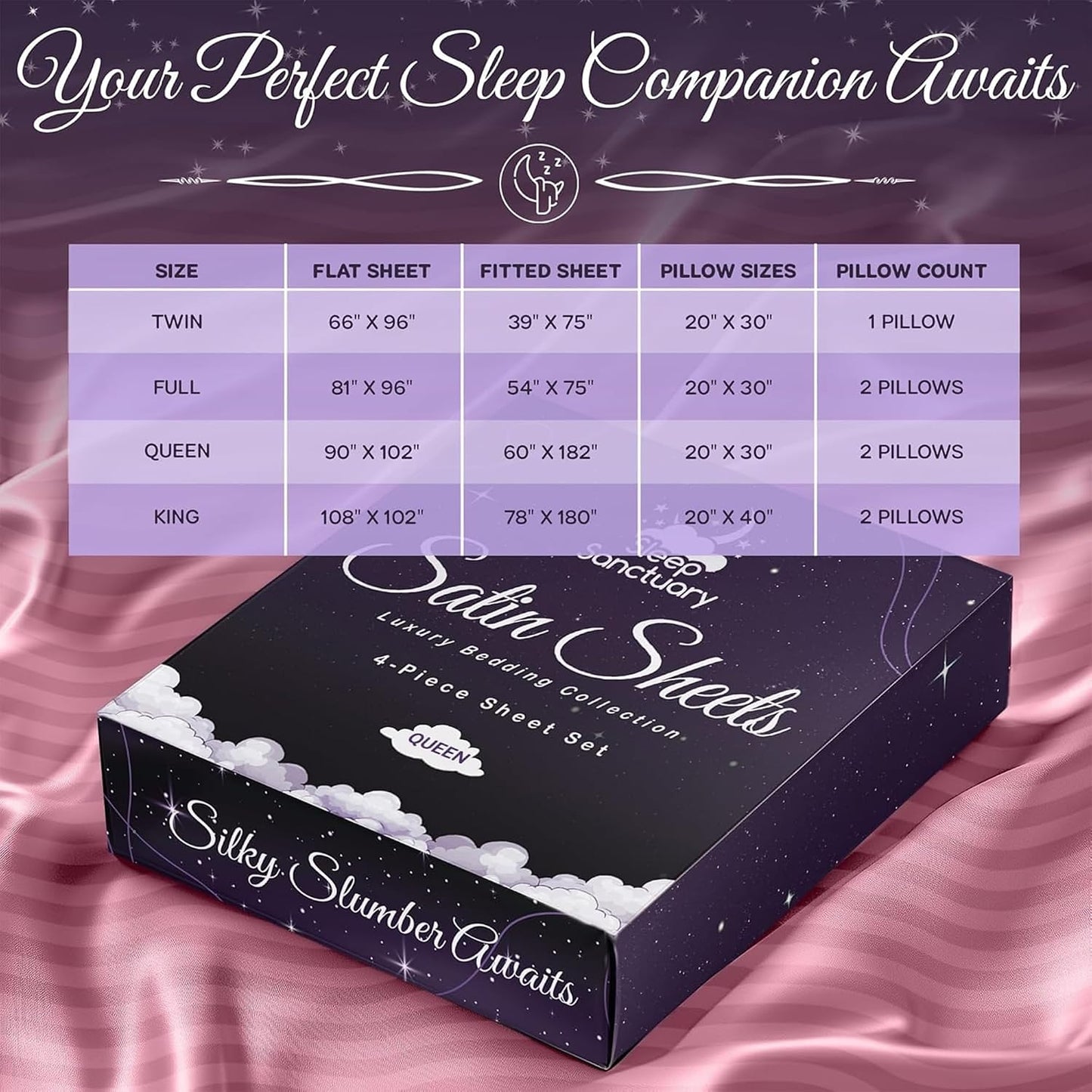 SLEEP SANCTUARY Satin Sheets Queen Size – 4 Piece Luxury Silky Bed Set, Softer Than Silk, 15" Deep Pocket, Cooling & Wrinkle-Free, Moisture-Wicking & Breathable for Hair & Skin (Striped Pink)