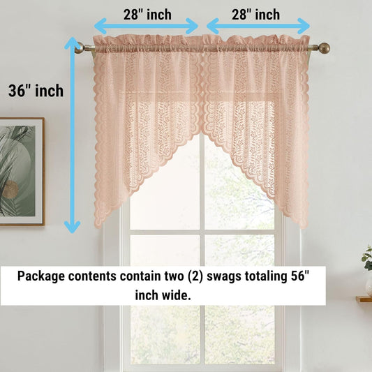 HLC.ME Sophia Floral Rod Pocket Lace Short Cafe Swags for Small Windows - 28 x 36 Inch Length (Blush Pink Swags, Set of 2)