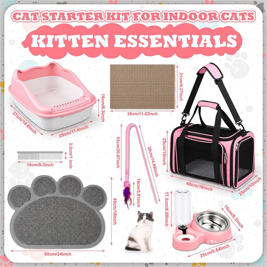 8 Pcs Kitten Supplies Starter Kit, Cat Kitten Starter Kit Essentials Includes Cat Litter Box mat Bowls Folding Carrier Scratch Pad Accessories for Welcome Gift Supplies(Pink)