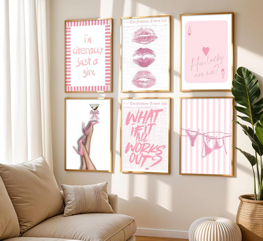 Trendy Baby Pink Wall Art Vintage Newspaper Posters How Lucky Are We and Just a Girl Pictures Coastal Bikini Hot Girly Lips Preppy Y2K Aesthetic Painting Print Artwork for Girly Room Dorm, Unframed