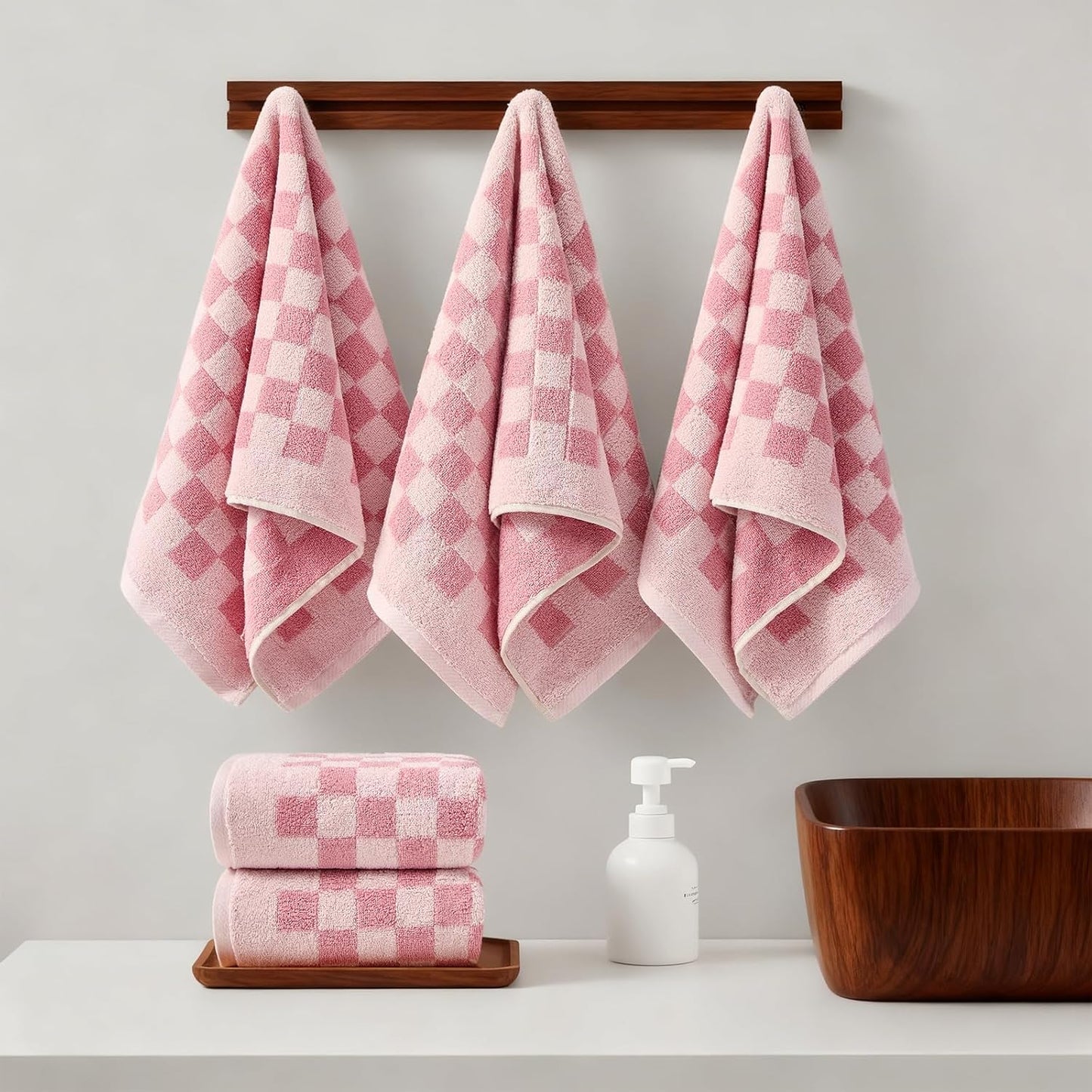 REDKISS 5 Pack Pink Checkered Hand Towel Set - Decorative Hand Towels for Bathroom, 100% Cotton Towel Soft Absorbent, Retro Decorative Bathroom Towel for Kitchen, Gym, and Spa