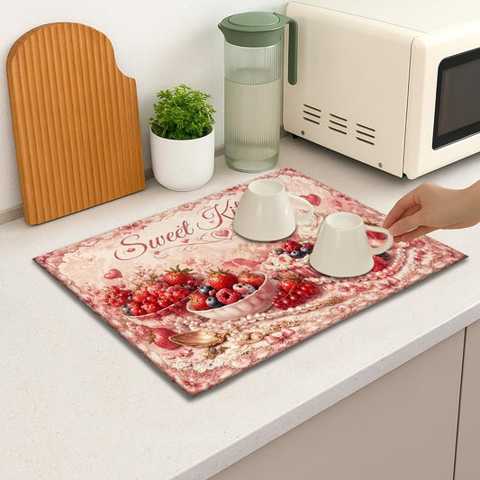 Sweet Kitchen Dish Drying Mats, Peach Floral Absorbent Drainer Mat, Vintage Dessert Microfiber Drying Pad for Kitchen Counter Coffee Bar Protector 18x24 Inch