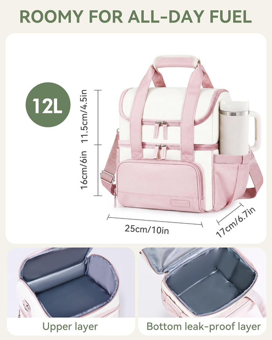 HOEMSPON Insulated Lunch Bag for Women Double Layer Leakproof Lunch Box with Cup Holder Large Cooler Tote with Shoulder Strap for Work Nurse Teacher Picnic (Pink)