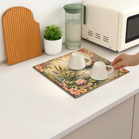 Floral Dish Drying Mats for Kitchen Counter, Peach Vintage Absorbent Dish Drainer Mat, Spring Garden Microfiber Drying Pad for Coffee Bar Protector 16x18 Inch