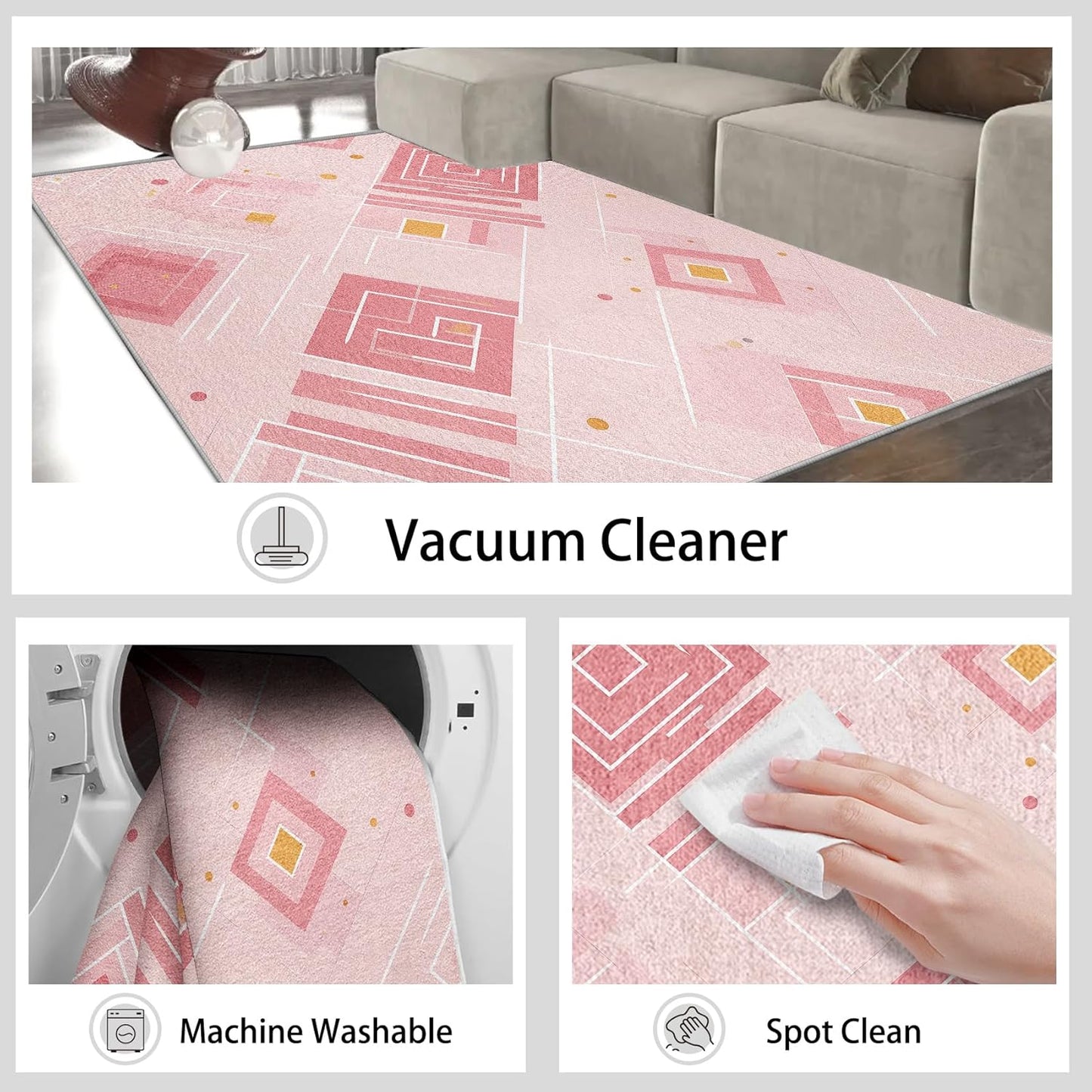 Modern Geometry 5x7 Area Rugs for Living Room, Washable Abstract Geometric Large Rug, Minimalist Pink Pattern Carpet Soft Low Pile Non Slip for Bedroom Home Decor HEC7sc