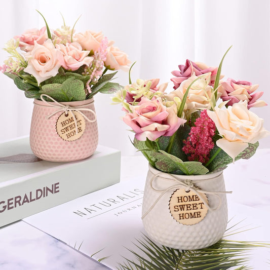 LUEUR Artificial Flowers with Vase, 2pcs Pink Silk Roses in Pot, Fake Flowers Decoration in Ceramics Vase Faux Floral Arrangement for Table Centerpieces Spring/Summer Decor Home Office Farmhouse