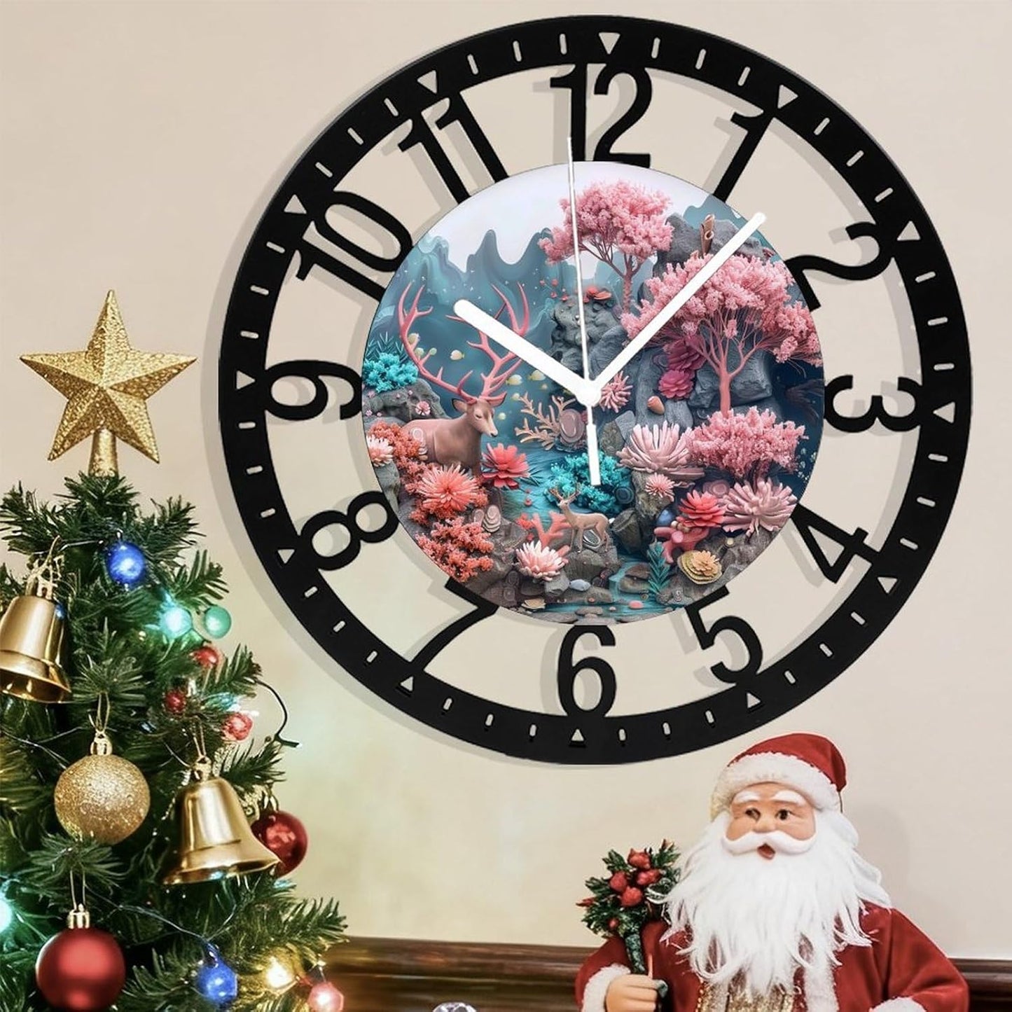 Metal Wall Clock for Living Room -10" Deer Among Pink Trees Coral Stream Silent Non Ticking,Battery Operated, Antique Clocks for Farmhouse,Bedroom,Kitchen - Arabic Numerals