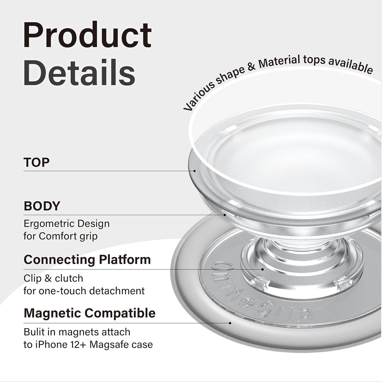 On The Grip Magnetic Phone Grip for MagSafe, Genuine Natural Crystal & Seashell Stone, Swappable Top, Strong Magnet Holder & Kickstand for iPhone 15 14 13 12 Pro Max Plus & MagSafe Cases (Peach)