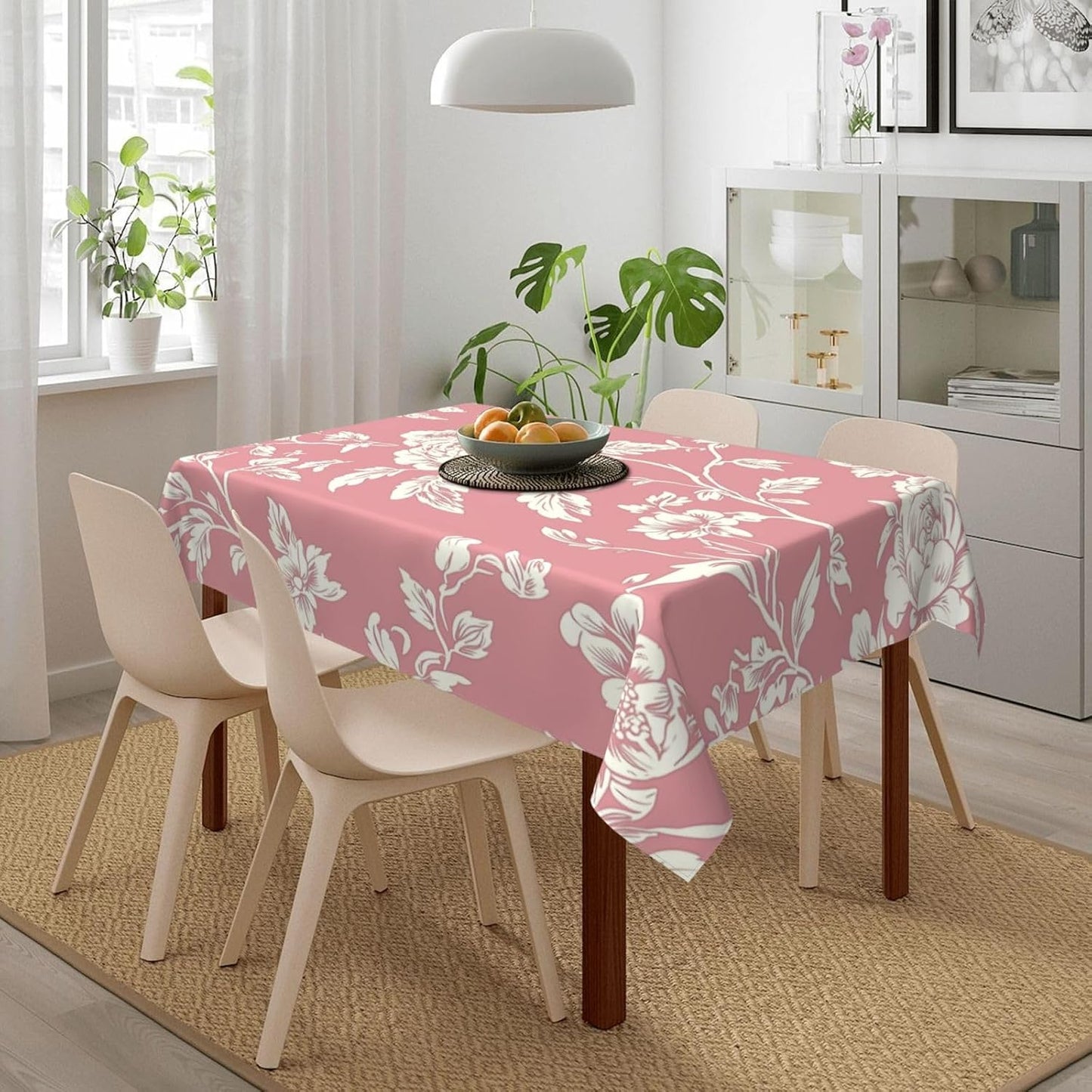 Minimalistic Pink Floral Pattern Rectangle Tablecloth, French Country Style Victorian Drop Shapes Table Cloth Dining Table Cover for Kitchen Restaurant Party Buffet Picnic, 52x70 Inch