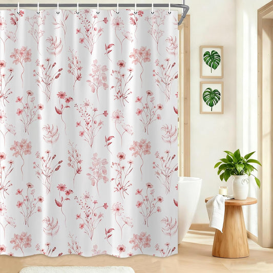 Pink Floral Shower Curtain, Boho Watercolor Flower Eucalyptus Botanical Shower Curtains for Bathroom, Cute Cottagecore Waterproof Fabric Cloth Shower Curtain for vintage Decor with Hooks 72X72IN