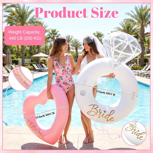 Thenshop 6 Pcs Bachelorette Pool Floats - 1 Diamond Ring & 5 Pink Heart Loungers - Inflatable Party Decorations for Bridal Shower, Engagement, Weddings - Photo Props for Bride & Bridesmaids