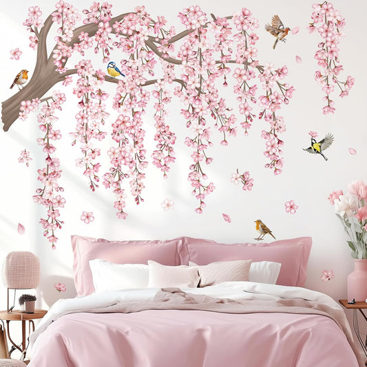 decalmile Large Pink Flower Tree Branch Wall Decals Cherry Blossom Tree Floral Birds Wall Stickers Living Room Bedroom Tv Background Wall Decor