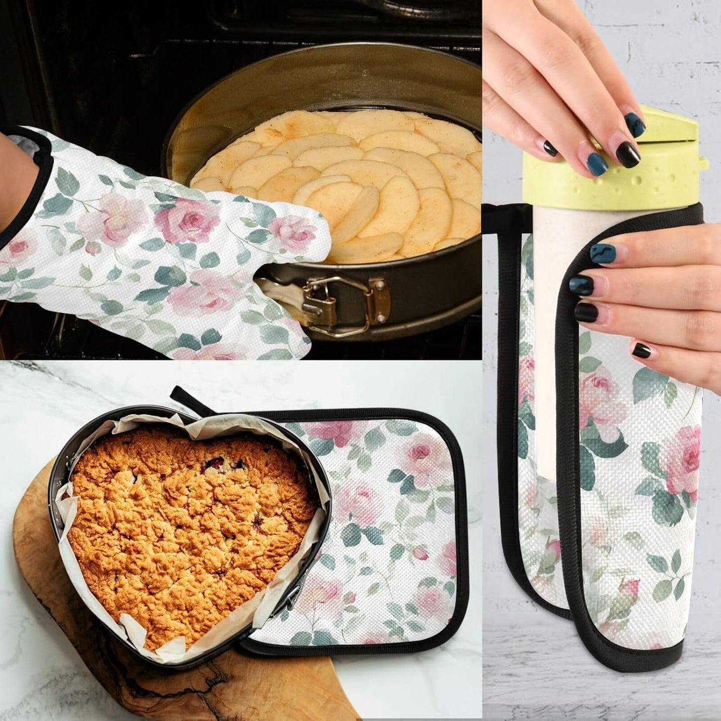 Light Pink Rose Flowers Oven Mitts and Pot Holders Set for Cooking Baking Kitchen Decor
