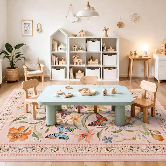 4x6 Pink Area Rug for Nursery Girl, Floral Washable Soft Low Pile Non Slip Rugs Vintage Stain Resistant Carpet Rug for Bedroom Playroom Living Room Dining Room