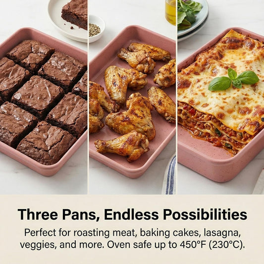 3-Pack 11x9 Inch Pink Baking Pans — Perfect Fit for Toaster Oven, Non-Stick Carbon Steel, Ideal for Small Batches, Couples, RV & Dorm Kitchens