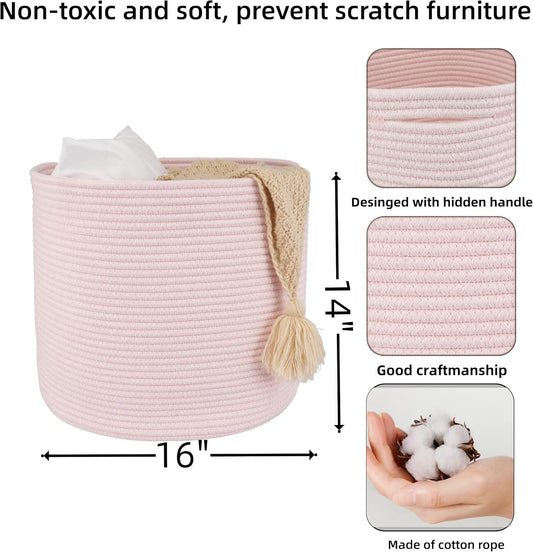 XUANGUO Cotton Rope Basket For Girls Kids 16”X14” Baby Laundry Baskets Nursery Bin Round Woven Basket Organizer For Storage Toys Blankets Shoes Clothes pink
