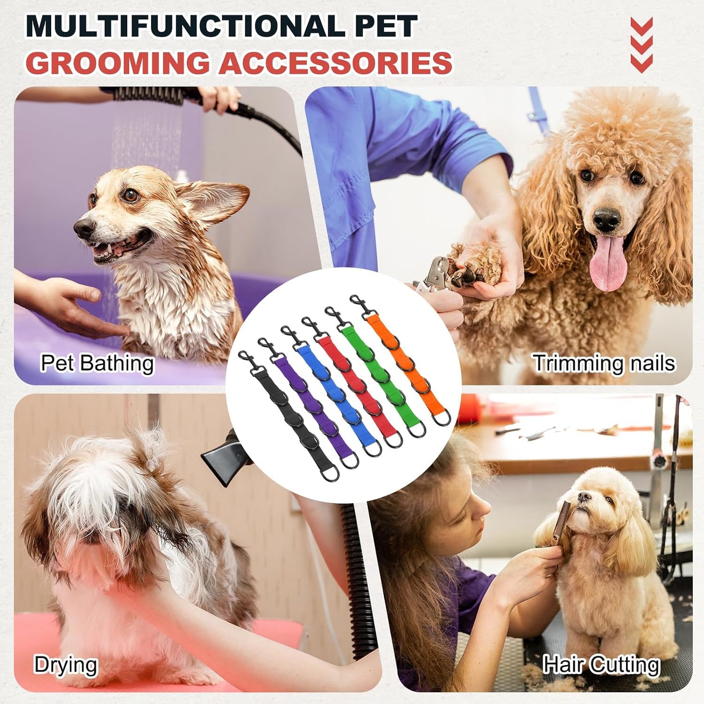 Pet Dog Grooming Loops, Adjustable Nylon Table Arm Extender Belly Strap with 6 White D-Rings Restraint Leash(Pink/Yellow, 2Pcs), Intended for Fixed Dog Bathing Hair Cutting