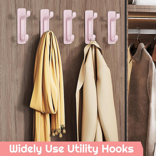 Wall Hooks for Coat and Towel: 13LB Strong Adhesive Door Hanger Stick on, Black 5 Pack (Pink)