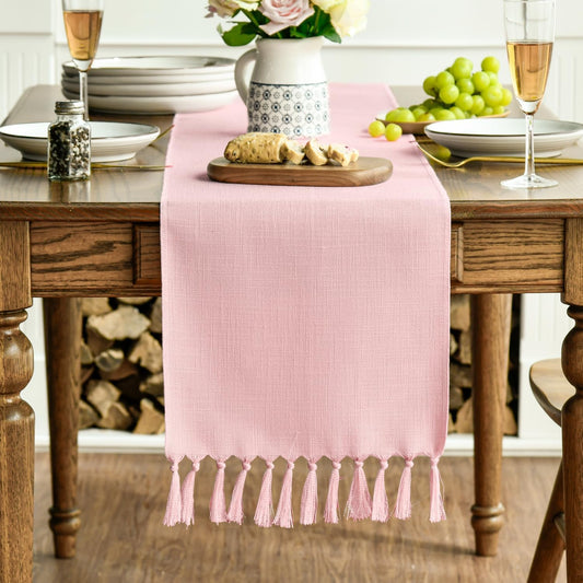 Artoid Mode Blush Pink Tassel Table Runner, Linen Blend Rustic Farmhouse Style Kitchen Table Decoration Holiday Wedding Party Dinning Decor 13x72 Inch