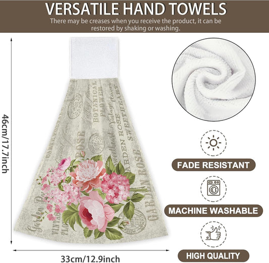 Vintage Pink Rose Flowers Hanging Kitchen Towels 2 Pieces Hand Towel Loop Dish Cloth Tie Towels Tea Bar Towels for Bathroom Farmhouse Housewarming Tabletop Home