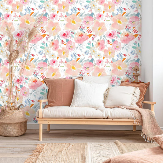 VEELIKE Soft Pastel Pink Floral Peel and Stick Wallpaper Vintage Watercolor Floral Wallpaper for Nursery Girls Room 17.7''x118'' Self Adhesive Waterproof Flower Wall Mural Contact Paper for Cabinets