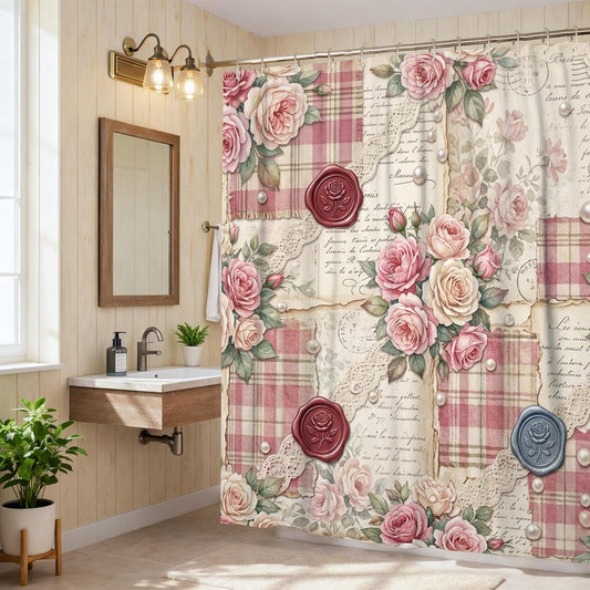Rose Shower Curtain, Vintage Rustic Lace Plaid Spring Peach Washable with Hooks Bathtub Cloth Curtains for Home Bathroom Toile Hotel Decor 72x84 Inch