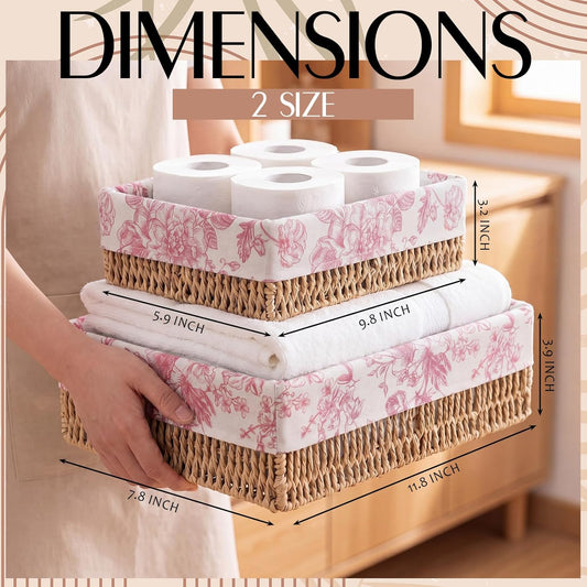SiliFine Pink Floral Toilet Paper Storage Basket Set of 2 Chinoiserie Floral Decorative Wicker Bathroom Organizer for Toilet Tank Trays Holder Bin for Shelves Fits with Any Bathroom Decorative