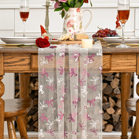 Artoid Mode Pink Bow Beige Gauze Table Runner 120 Inch 10FT,Glitter Metallic Foil Valentine’s Day Sheer Dining Anniversary Wedding Table Decor for Home Party