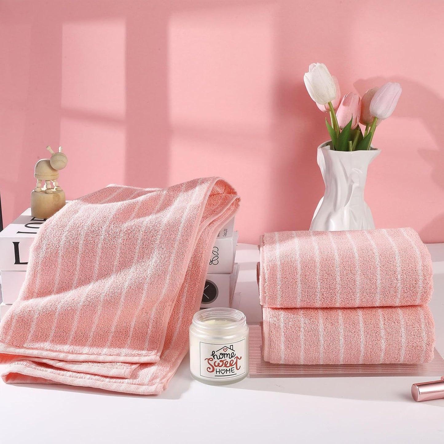 3 Pack Hand Towels 100% Cotton Soft Absorbent Striped Bathroom Towels for Kitchen Bathroom Spa Workout Gym 14” x 29” Pink