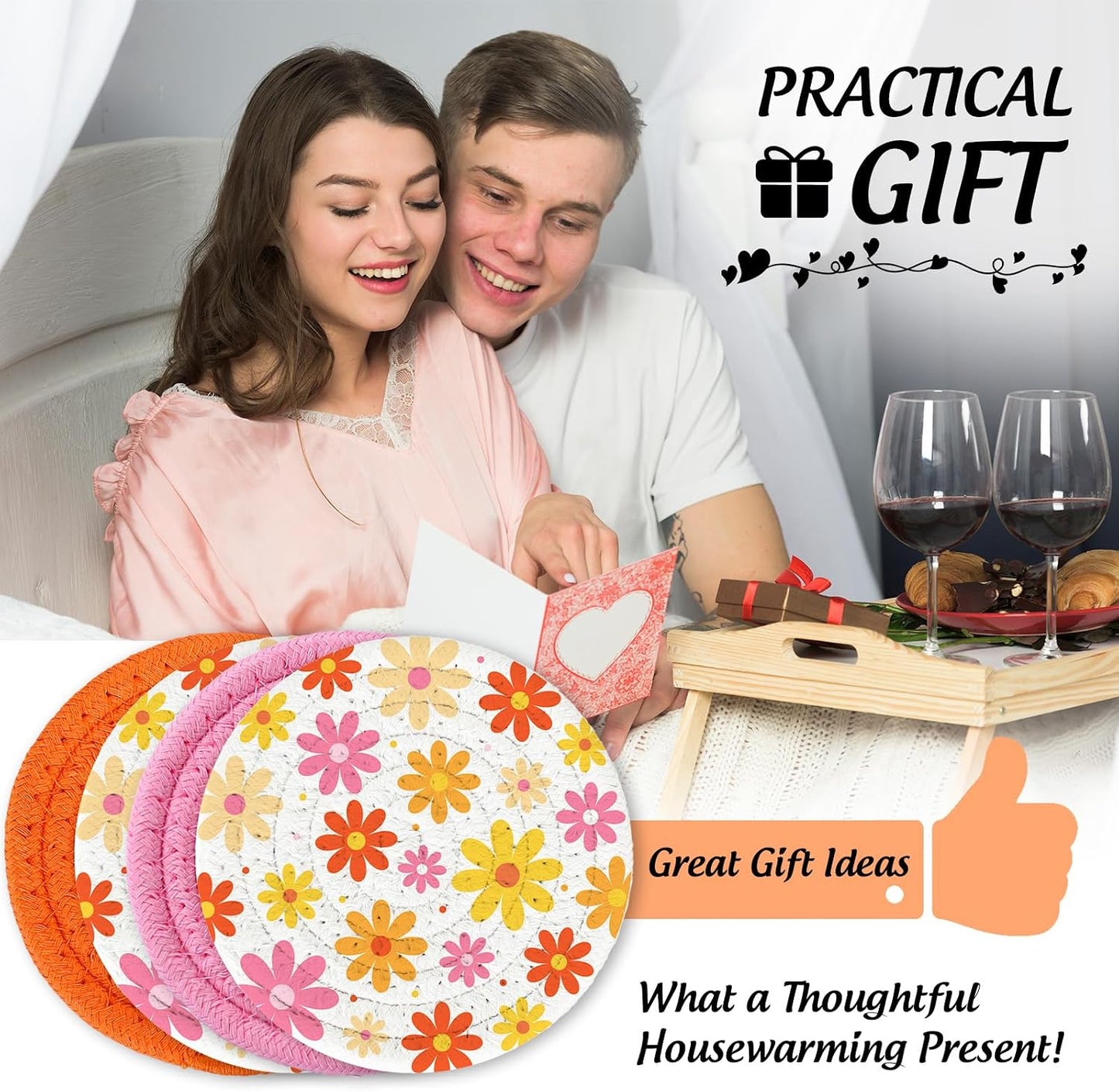FYSUIMU Boho Floral Cotton Coasters Daisy Flower Handmade Braided Drink Coasters Pink Orange Absorbent Cup Mats for Spring Party Home Office Table Decor Housewarming Gifts, Set of 4