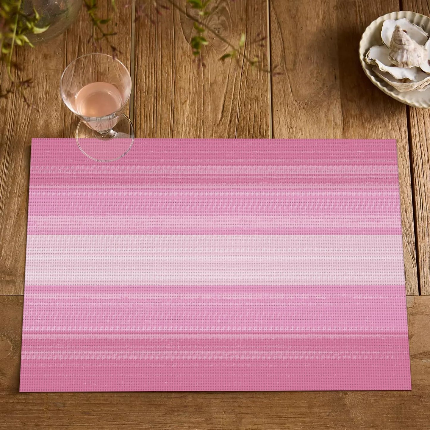 Artoid Mode Pink Gradient Stripes Placemats Set of 4, Washable Heat Resistant Non-Slip Woven Plastic Spring PVC Place Mats for Farmhouse Party Kitchen Dining Decor