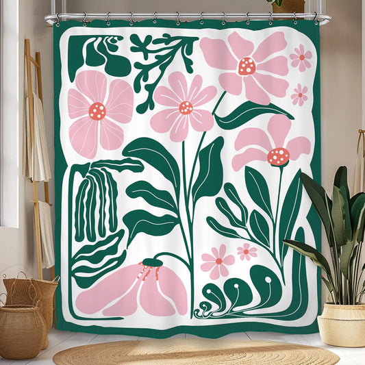 Abstract Flower Matisse Shower Curtain 60Wx72L Inch Pink Green Plant Minimalist Contemporary Retro Art Groovy Modern Bathroom Set Accessories Decor with 12 Pack Hooks