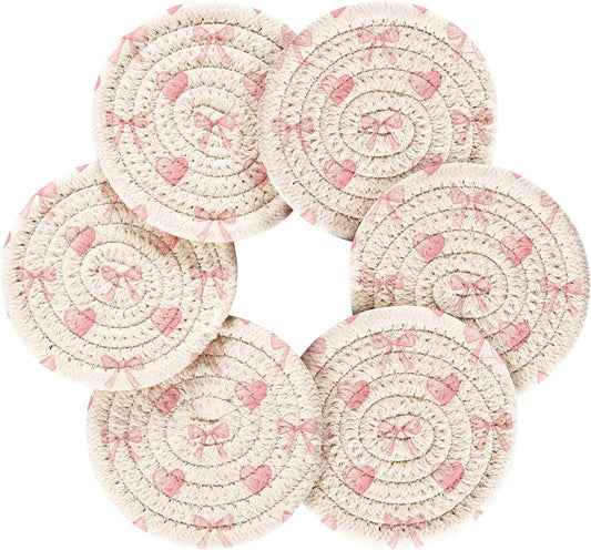 Bar Coasters for Drink with Holder Light Pink Heart Bow Watercolor Coaster Set of 6 Cotton Woven Coaster for Coffee Table, Bistro Tabletop,Kitchen Home Decor