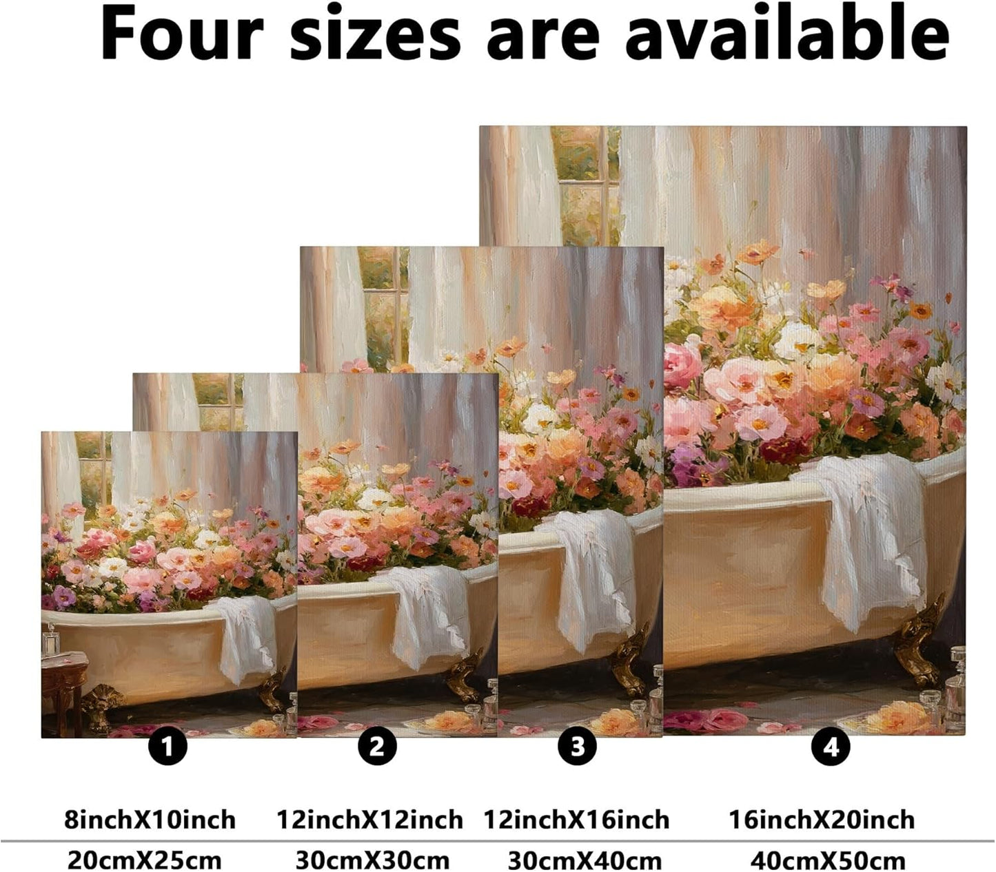 Floral Bath Canvas Wall Art, Peach White Spring Flowers Poster Prints, Elegant Abstract Bathroom Home Decor for Living Room, Bedroom, Spa, Wrapped Canvas 16x20 Inch