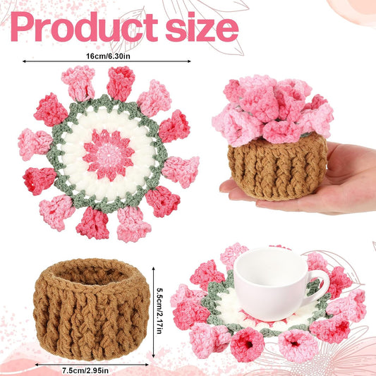 Flower Crochet Coasters Set with Mini Basket, Knitting Pink Rose Potted Plants, Handmade Bouquet Blanket Coaster, Fun Soft Floral Table Decorative for Coffee Table Wedding Gift Housewarming Birthday