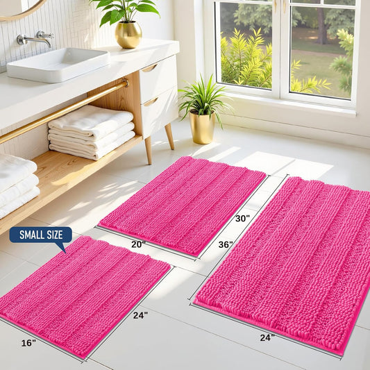Grandaily Chenille Striped Bathroom Rugs 24x16, Extra Thick and Absorbent Bath Mats, Non-Slip Soft Plush Shaggy Shower Carpet, Machine Wash Dry, Bath Rug for Bathroom, (Small, Deep Pink)