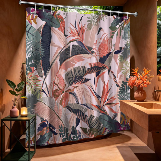 Tropical Shower Curtain Coral Palm Leaf Shower Curtains for Bathroom Decor Peach Color Tropical Palm Leaves Bath Curtain Set, Waterproof Fabric with Hooks 70 x 72 Inch